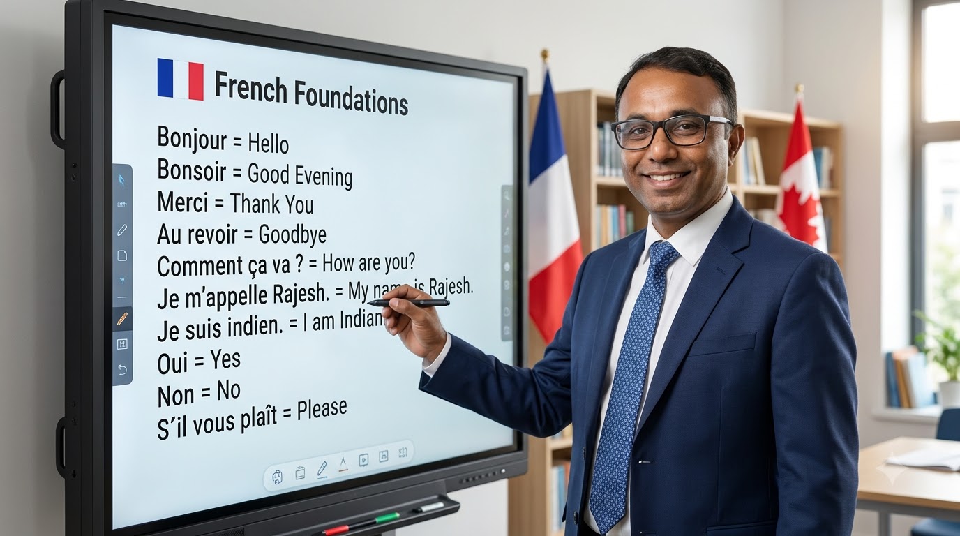 Rajesh Sir teaching French foundations on a smart board